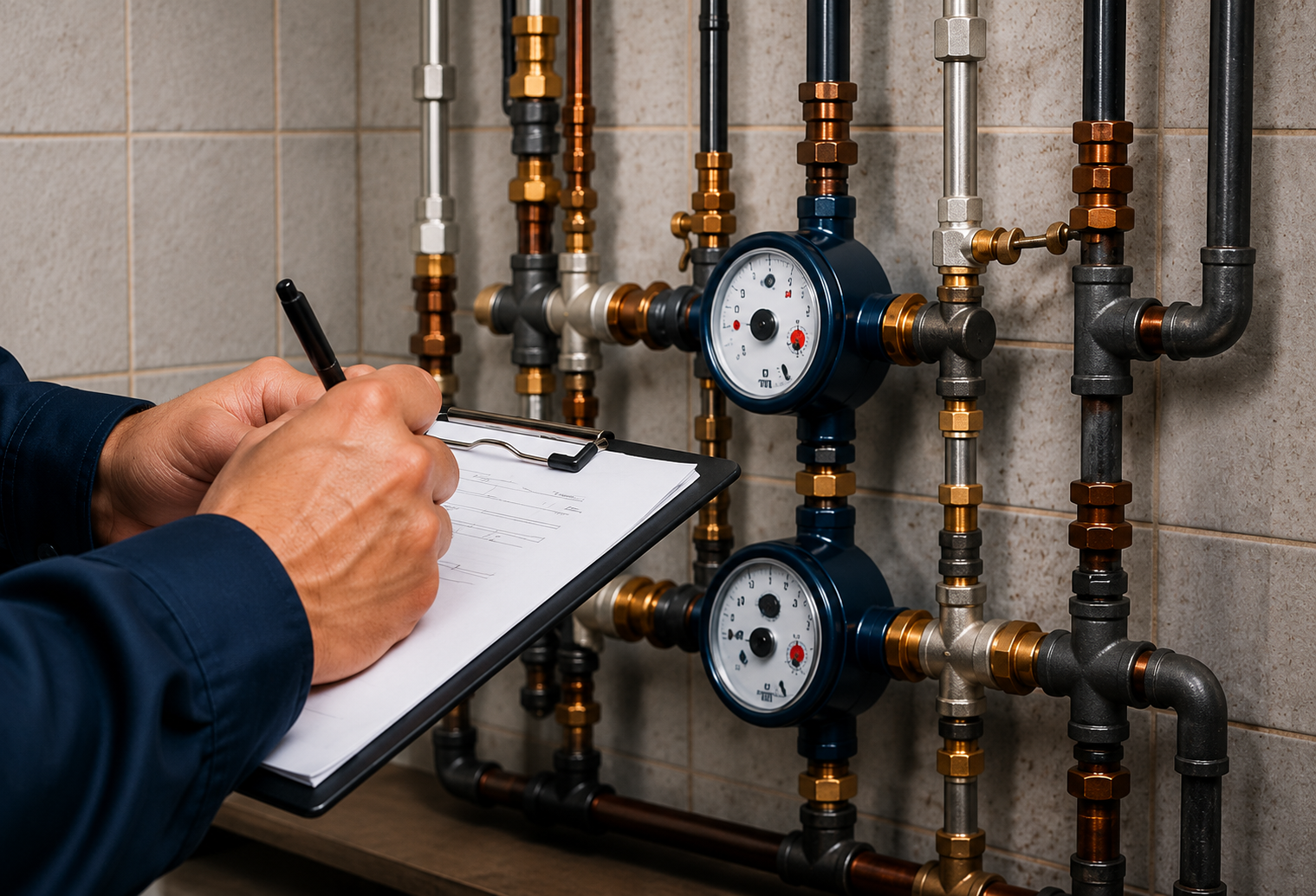 Engenheiro realizando inspeção técnica em hidrômetros e tubulações para perícia em consumo de água.