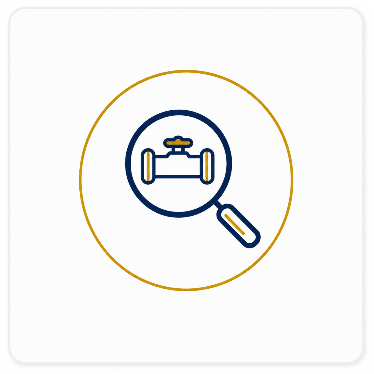 Ícone ilustrativo de lupa inspecionando tubulação representando a etapa de vistoria técnica em perícia de consumo de água.