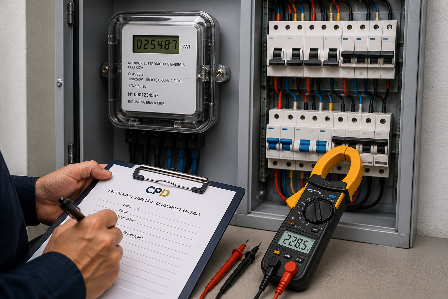Técnico realizando inspeção em painel elétrico com medidor eletrônico de energia, alicate amperímetro e prancheta para perícia em consumo de energia.