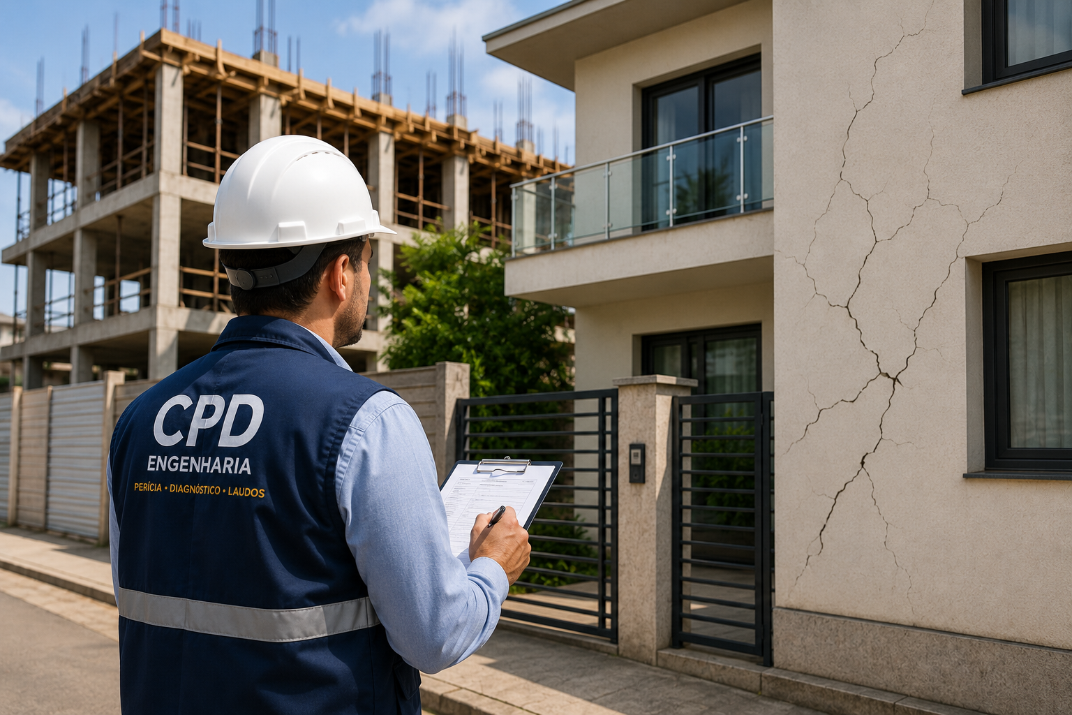 Engenheiro realizando laudo de vizinhança em imóvel residencial ao lado de uma obra, registrando as condições da edificação antes do início da construção.