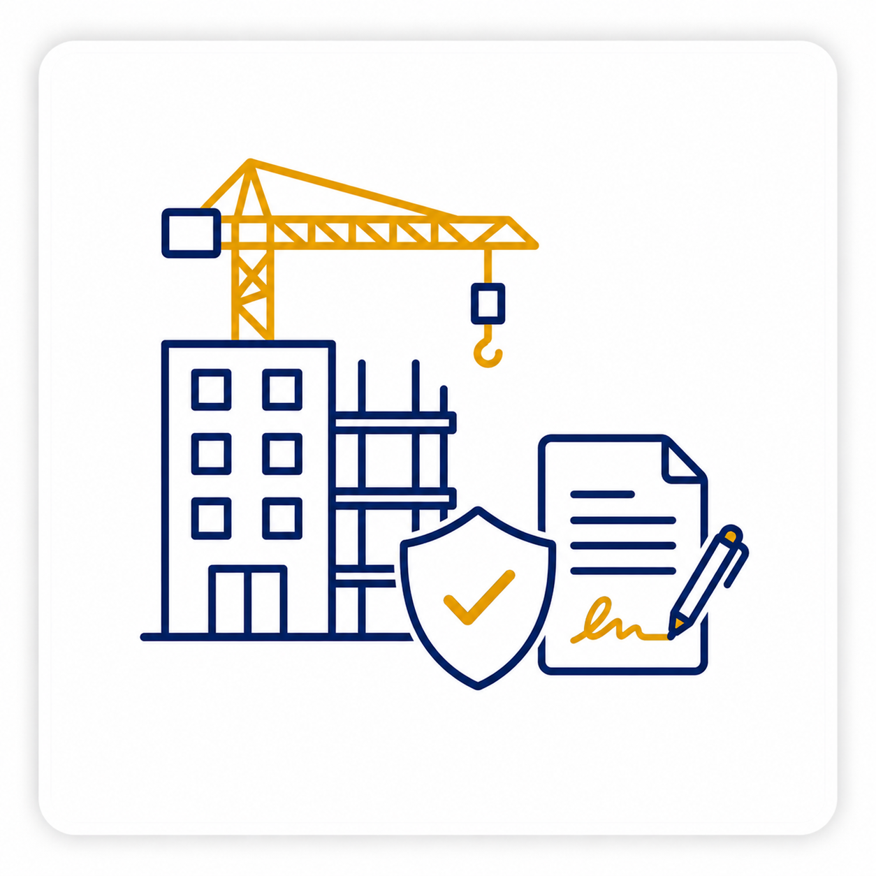 Ícone representando a prevenção de conflitos por meio do laudo de vizinhança, com documento técnico, escudo de proteção e obra em construção.