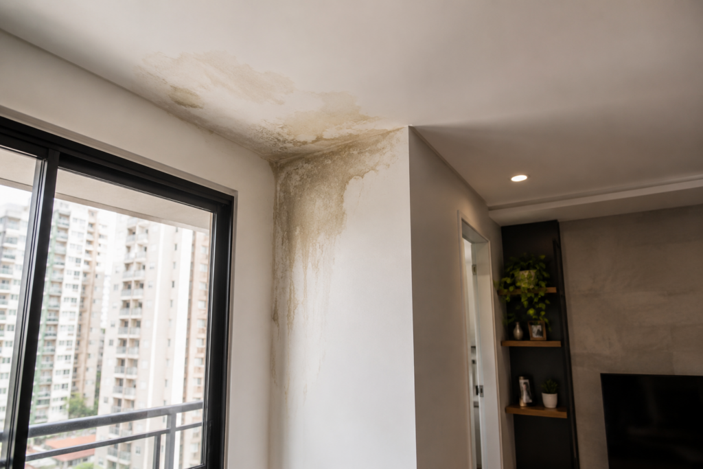 Infiltração em apartamento com manchas de umidade no teto e na parede
