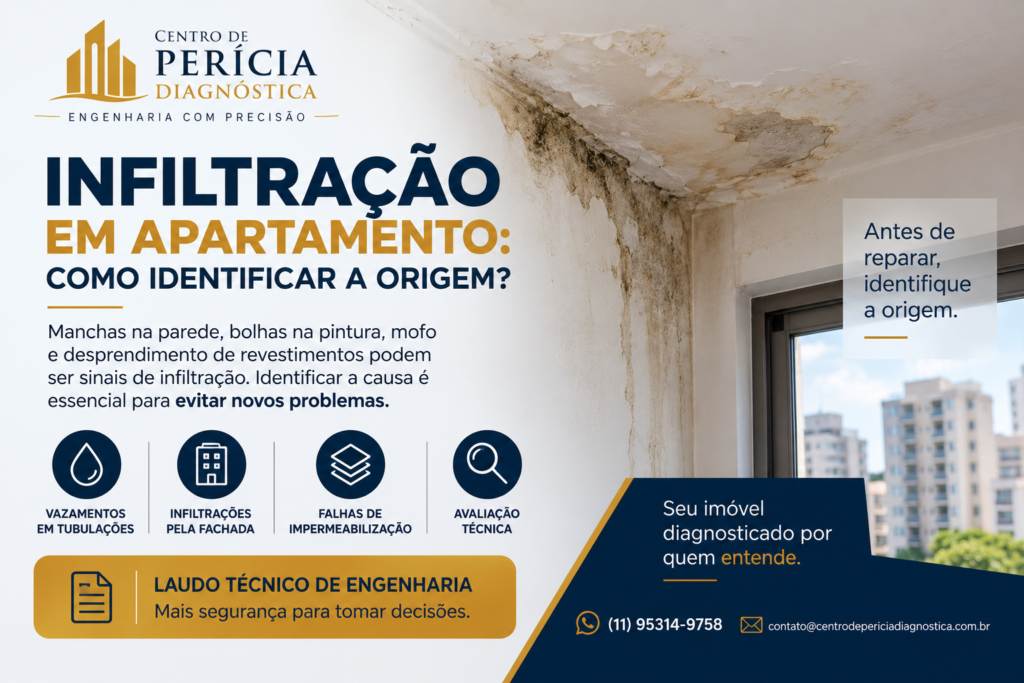 Infiltração em apartamento com sinais de umidade e avaliação técnica de engenharia